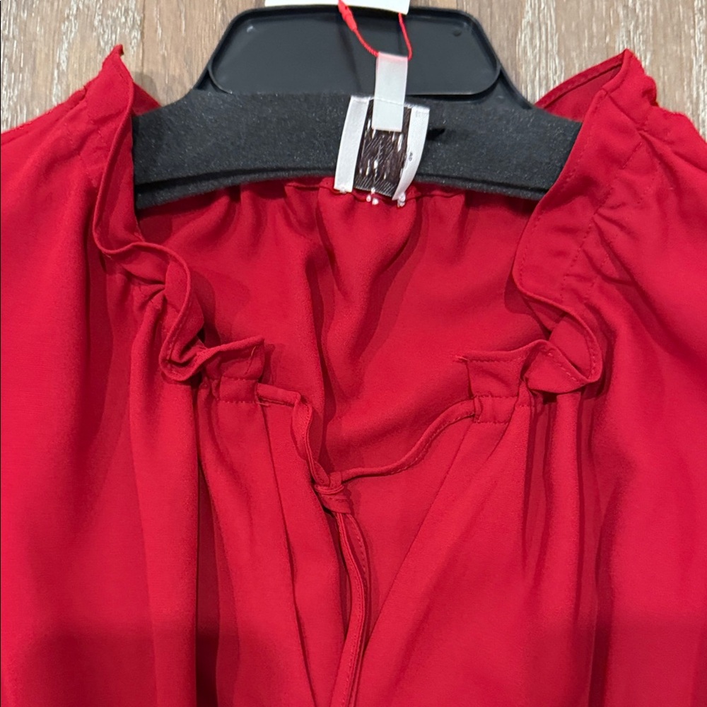 Anne Klein Red Long-Sleeve Smocked-Waist Midi Dress - Picture 6 of 9